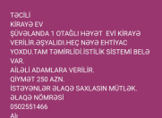 İcarəyə verilir 1 otaqlı 25 m2 bağ evi Şüvəlan